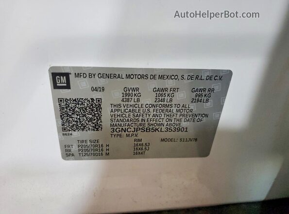 3GNCJPSB5KL353901 2019 CHEVROLET TRAX White Widok naklejki z numerem VIN