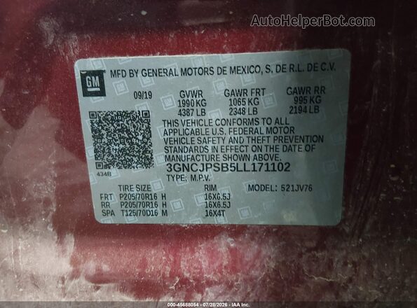 3GNCJPSB5LL171102 2020 CHEVROLET TRAX Red Widok komory silnika