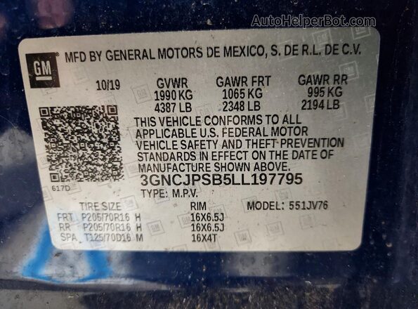 3GNCJPSB5LL197795 2020 CHEVROLET TRAX Blue Widok wnętrza 360 stopni