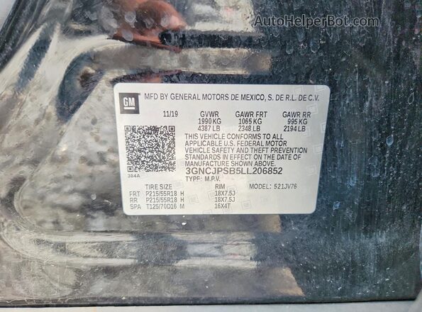 3GNCJPSB5LL206852 2020 CHEVROLET TRAX Черный Вид наклейки с VIN-кодом