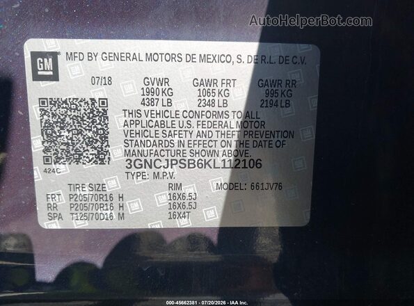 3GNCJPSB6KL112106 2019 CHEVROLET TRAX Синий Вид подкапотного пространства