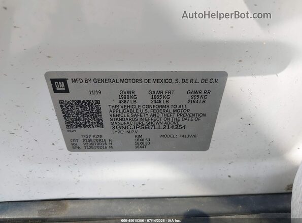 3GNCJPSB7LL214354 2020 CHEVROLET TRAX Белый Вид подкапотного пространства