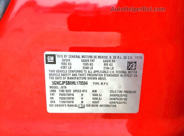 3GNCJPSB8HL178584 2017 CHEVROLET TRAX Red ძრავის განყოფილების ხედი