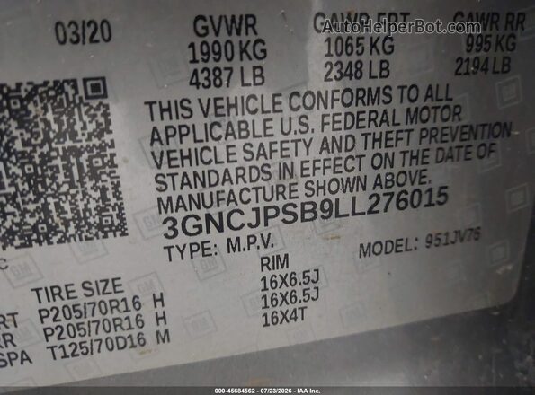 3GNCJPSB9LL276015 2020 CHEVROLET TRAX Gray ძრავის განყოფილების ხედი