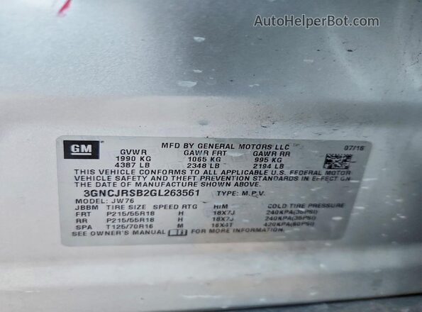 3GNCJRSB2GL263561 2016 CHEVROLET TRAX Gray VIN sticker view