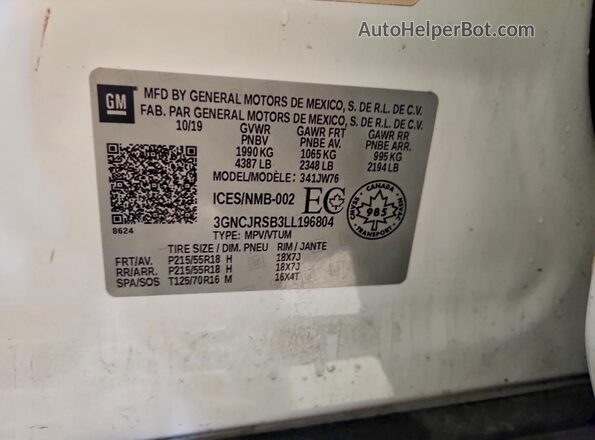 3GNCJRSB3LL196804 2020 CHEVROLET TRAX White Вид наклейки з VIN-кодом