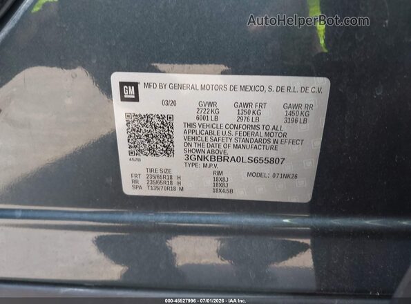 3GNKBBRA0LS655807 2020 CHEVROLET BLAZER Gray Engine compartment view
