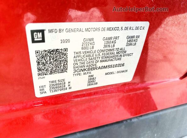 3GNKBBRA0MS510316 2021 CHEVROLET BLAZER Red Widok naklejki z numerem VIN