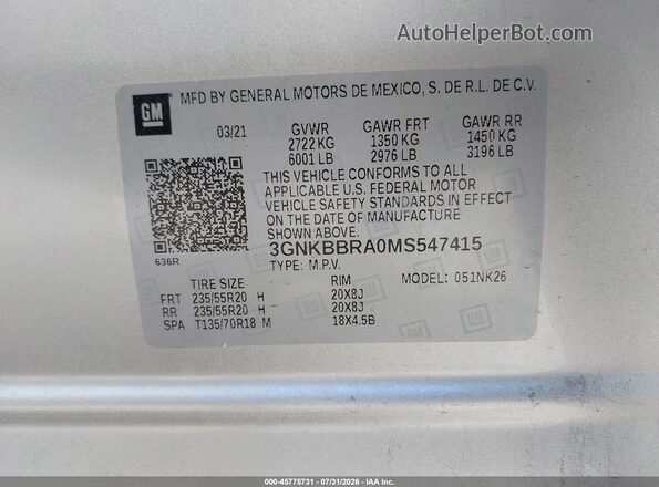 3GNKBBRA0MS547415 2021 CHEVROLET BLAZER Silver ძრავის განყოფილების ხედი