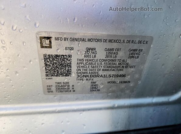 3GNKBBRA1LS719496 2020 CHEVROLET BLAZER Silver VIN sticker view