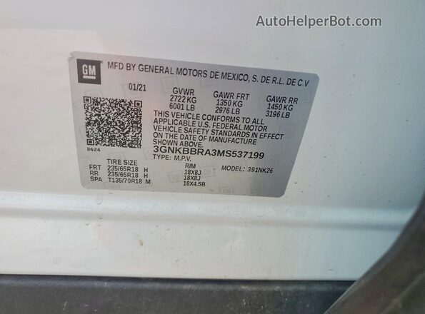 3GNKBBRA3MS537199 2021 CHEVROLET BLAZER White Vista de la etiqueta del VIN