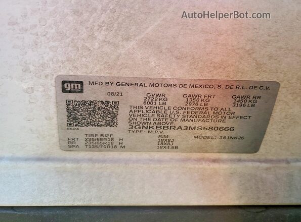 3GNKBBRA3MS580666 2021 CHEVROLET BLAZER Белый Панорамный вид салона 360°