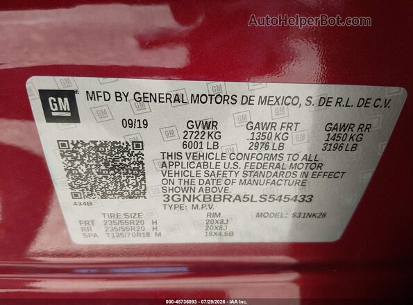 3GNKBBRA5LS545433 2020 CHEVROLET BLAZER Red Շարժիչի բաժամունքի տեսք