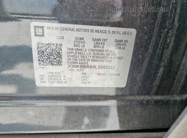 3GNKBBRA5LS593112 2020 CHEVROLET BLAZER Gray Widok wnętrza 360 stopni