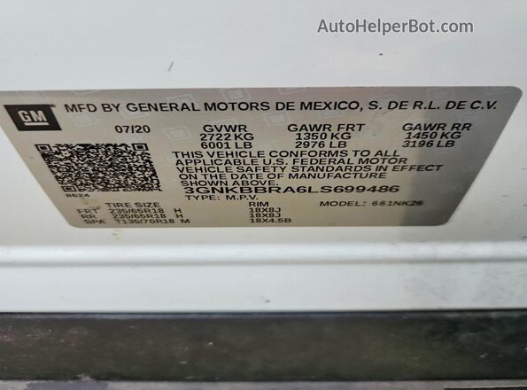 3GNKBBRA6LS699486 2020 CHEVROLET BLAZER White Вид підкапотного простору