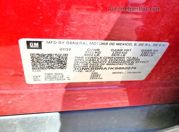 3GNKBBRA7KS692075 2019 CHEVROLET BLAZER Red Вид наклейки з VIN-кодом