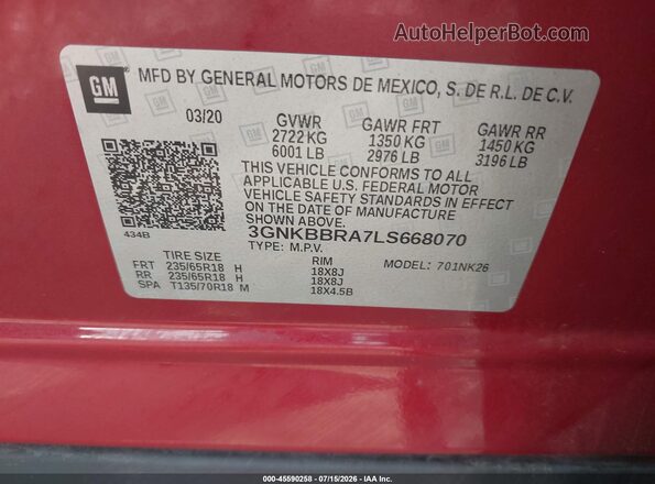 3GNKBBRA7LS668070 2020 CHEVROLET BLAZER Red Вид наклейки з VIN-кодом