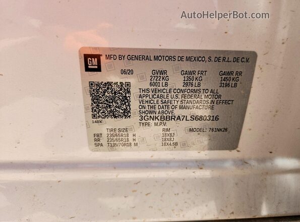 3GNKBBRA7LS680316 2020 CHEVROLET BLAZER White Widok komory silnika