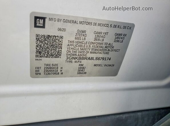 3GNKBBRA8LS679174 2020 CHEVROLET 1500 Белый Вид наклейки с VIN-кодом