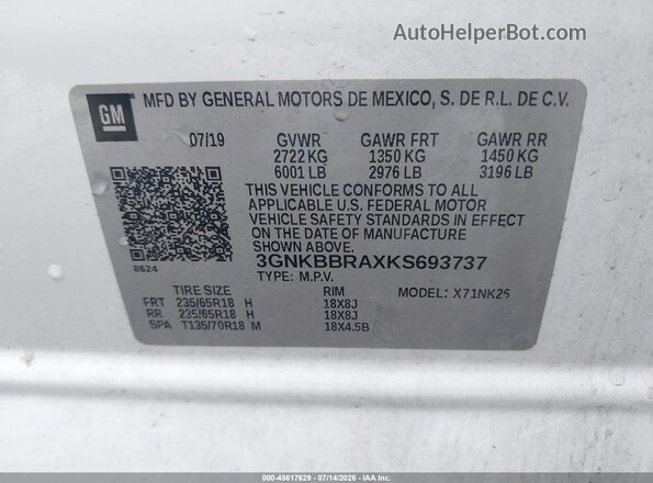 3GNKBBRAXKS693737 2019 CHEVROLET BLAZER White ძრავის განყოფილების ხედი