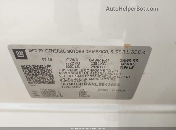 3GNKBBRAXLS542883 2020 CHEVROLET BLAZER White Engine compartment view