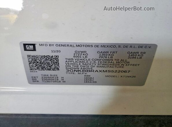 3GNKBBRAXMS522067 2021 CHEVROLET BLAZER Белый Вид наклейки с VIN-кодом
