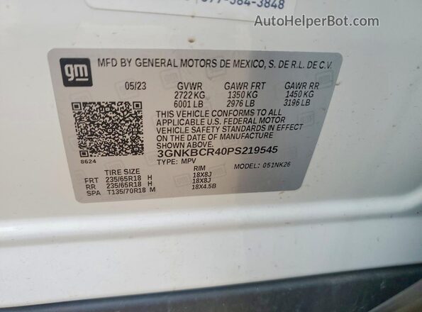 3GNKBCR40PS219545 2023 CHEVROLET BLAZER White VIN sticker view