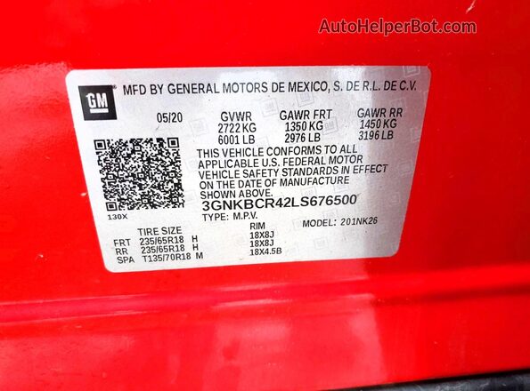 3GNKBCR42LS676500 2020 CHEVROLET BLAZER Красный Вид наклейки с VIN-кодом