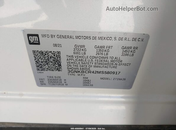 3GNKBCR42MS580917 2021 CHEVROLET BLAZER White ძრავის განყოფილების ხედი