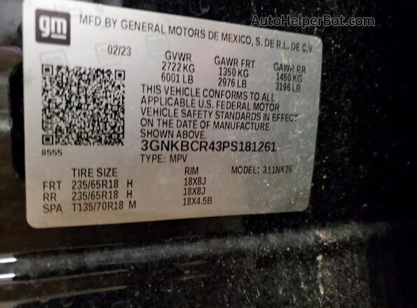 3GNKBCR43PS181261 2023 CHEVROLET BLAZER Black VIN sticker view