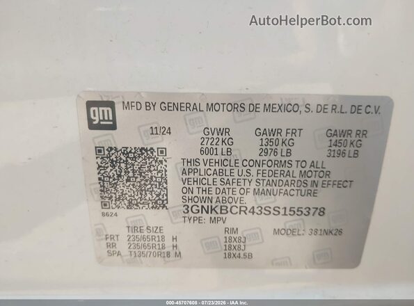 3GNKBCR43SS155378 2025 CHEVROLET BLAZER White Vista del compartimento del motor