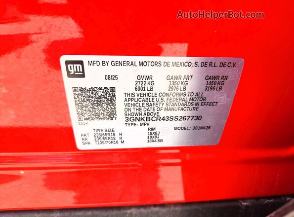 3GNKBCR43SS267730 2025 CHEVROLET BLAZER Orange Vista de la etiqueta del VIN