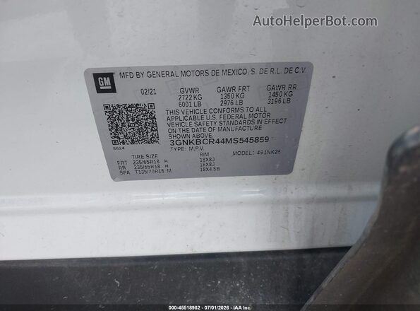 3GNKBCR44MS545859 2021 CHEVROLET BLAZER White Вид підкапотного простору