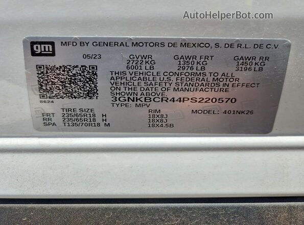 3GNKBCR44PS220570 2023 CHEVROLET BLAZER White VIN კოდის სტიკერის ხედი