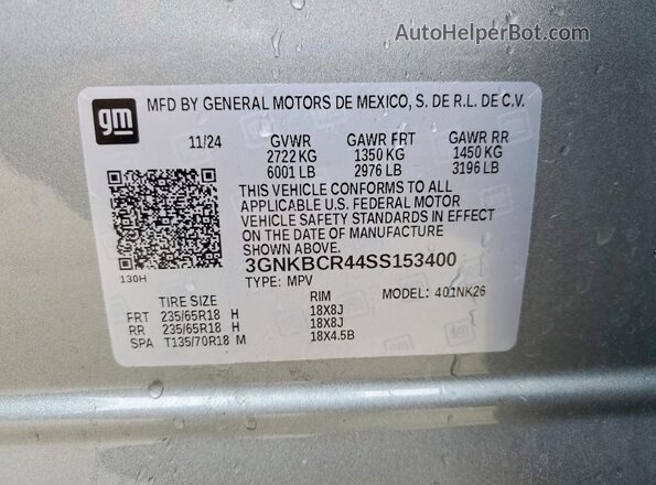 3GNKBCR44SS153400 2025 CHEVROLET BLAZER Gray Widok naklejki z numerem VIN