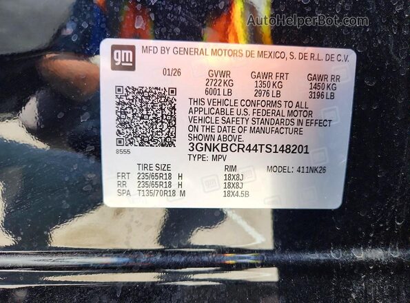 3GNKBCR44TS148201 2026 CHEVROLET BLAZER Charcoal VIN კოდის სტიკერის ხედი