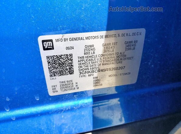 3GNKBCR45RS260207 2024 CHEVROLET BLAZER Blue VIN კოდის სტიკერის ხედი