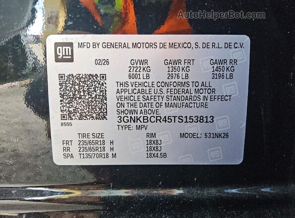 3GNKBCR45TS153813 2026 CHEVROLET BLAZER Черный Вид наклейки с VIN-кодом
