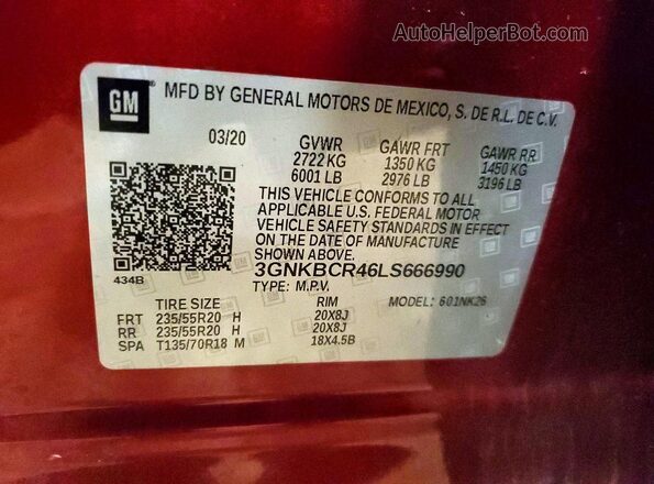 3GNKBCR46LS666990 2020 CHEVROLET BLAZER Red Widok naklejki z numerem VIN