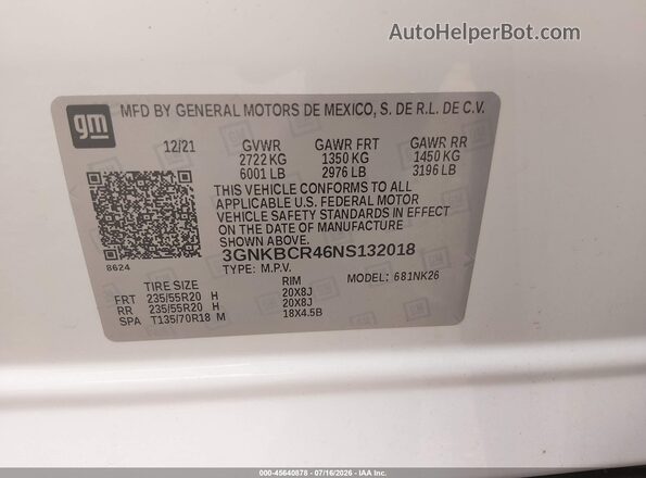 3GNKBCR46NS132018 2022 CHEVROLET BLAZER White Widok komory silnika