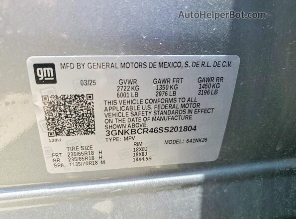 3GNKBCR46SS201804 2025 CHEVROLET BLAZER Gray VIN კოდის სტიკერის ხედი