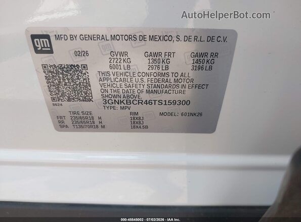 3GNKBCR46TS159300 2026 CHEVROLET BLAZER White Вид підкапотного простору