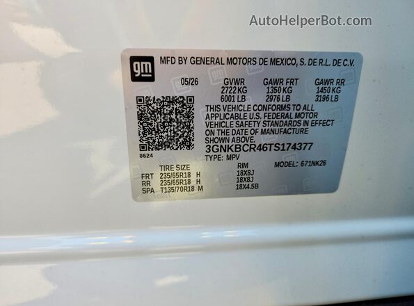 3GNKBCR46TS174377 2026 CHEVROLET BLAZER White VIN կոդի պիտակի տեսք