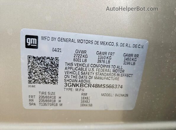 3GNKBCR48MS566374 2021 CHEVROLET BLAZER Gray Widok naklejki z numerem VIN