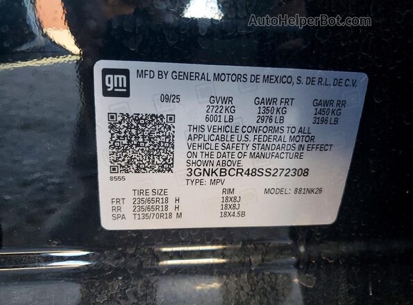 3GNKBCR48SS272308 2025 CHEVROLET BLAZER Black Widok naklejki z numerem VIN