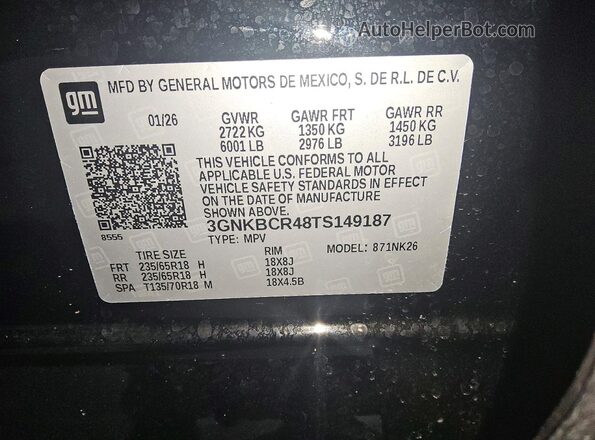 3GNKBCR48TS149187 2026 CHEVROLET BLAZER Черный Вид наклейки с VIN-кодом