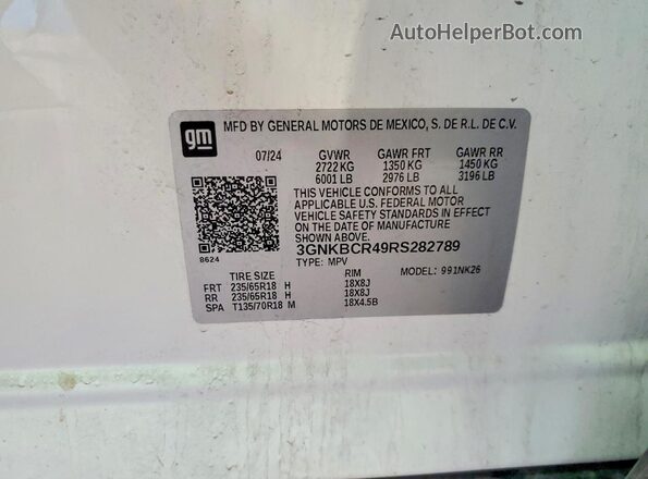 3GNKBCR49RS282789 2024 CHEVROLET BLAZER White VIN sticker view