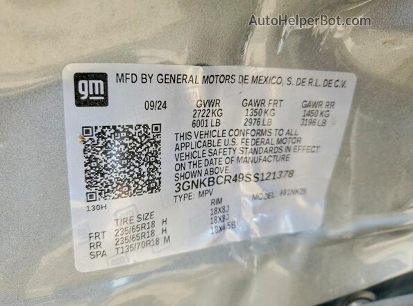 3GNKBCR49SS121378 2025 CHEVROLET BLAZER Gray VIN կոդի պիտակի տեսք