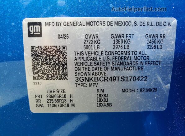 3GNKBCR49TS170422 2026 CHEVROLET BLAZER Blue Widok naklejki z numerem VIN