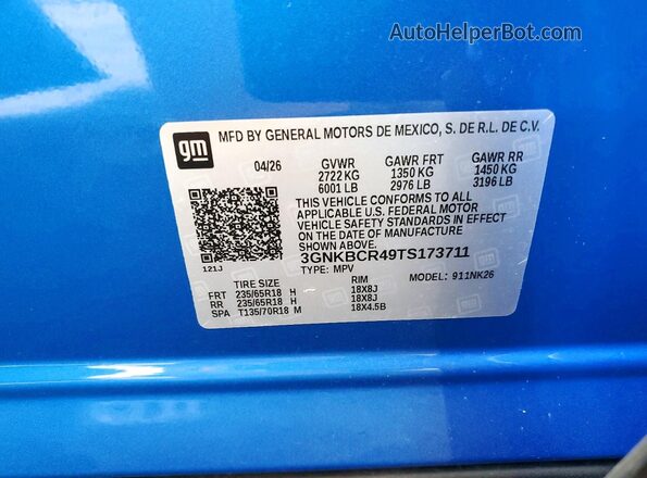 3GNKBCR49TS173711 2026 CHEVROLET BLAZER Blue VIN კოდის სტიკერის ხედი
